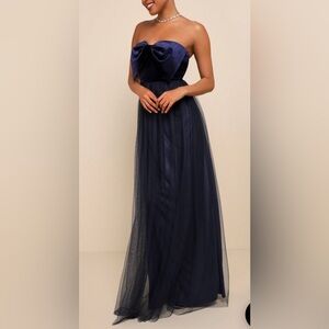 Perfectly Dramatic Navy Velvet Tulle Strapless Bow Maxi Dress Size Small